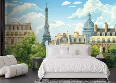 Scenic View Of Parisian Rooftops With Eiffel Tower In The Distance On A Sunny Day Wall mural