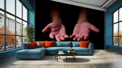 Male hands emerging from the darkness. Hands on a black background. Wall mural