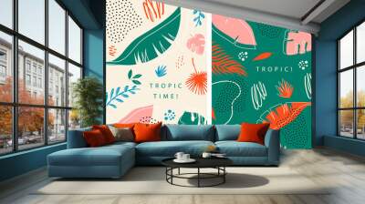 Poster set with colorful abstract tropical leaves, doodles and dots. Stylish design for background, wallpaper, cover, clothing, packaging, fabric. Summer design. Modern design. Wall mural