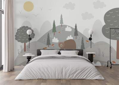 Vector hand drawn children's wallpaper in scandinavian style. Mountains and hills with trees and firs, forest animals and plants. For a children's wall. Wall mural