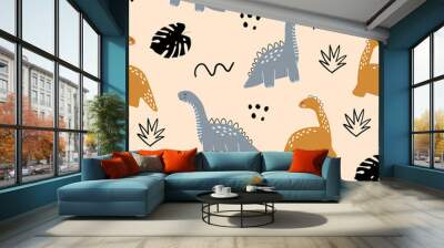 Vector hand drawn illustration with cute dinosaurs. Dino, tropical leaves, dots and doodles. Scandinavian style. For decorating a children's wall, wallpaper, clothes and textiles. Wall mural