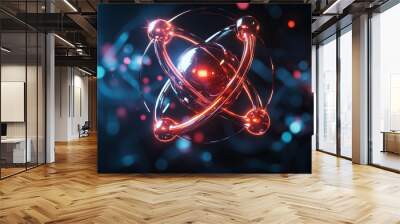 A 3D atom icon featuring a luminous nuclear model on a dark background. Wall mural