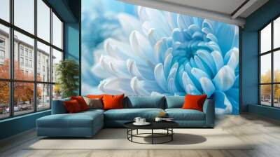 A close-up view of a blue chrysanthemum flower against a white and blue floral background. The intricate petals of the chrysanthemum highlight the beauty of nature. Wall mural