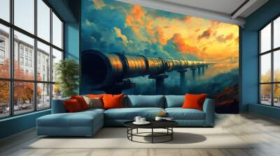 A network of oil pipelines snakes across a vast industrial landscape, showcasing their intricate and robust design. Wall mural