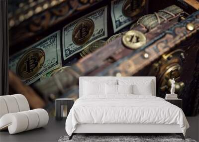 A partially open safe, revealing a few dollars inside, with a bitcoin logo on the crank. Styled like a photo. Wall mural