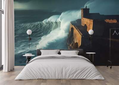 A photo of the Forte de São Miguel Arcanjo perched on top of a cliff in Nazaré, Portugal, during a storm with towering waves. Wall mural