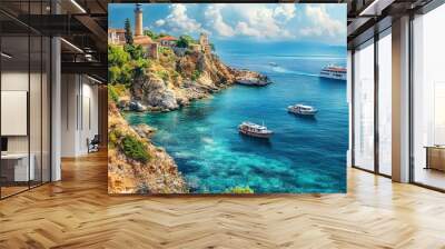 A picturesque view of the bay in Alanya, Turkey, with tourist ships gently sailing in the Mediterranean Sea, and a lighthouse standing watch in the distance. Wall mural