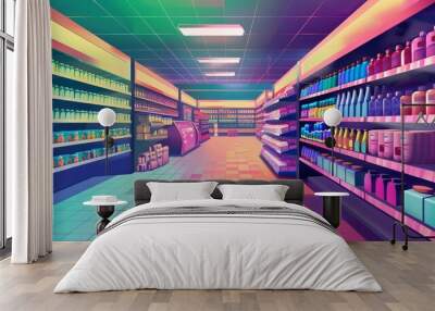 A scene depicting a supermarket aisle dedicated to health foods and mathematics-themed products. Wall mural