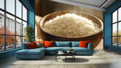 A serving of fluffy boiled rice is presented, showcasing its soft, tender grains that are perfectly cooked to a light and airy texture. Wall mural