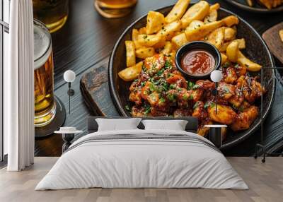 A top-down view of a restaurant's menu dish, featuring a delicious snack designed to accompany beer. Wall mural