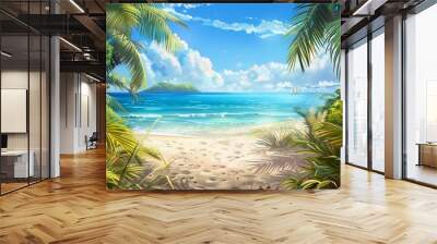 A tranquil summer sand beach with a serene sea view, where the gentle waves caress the shore under a clear blue sky, creating a picturesque and relaxing coastal escape. Wall mural