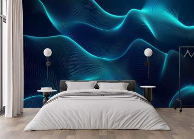 Abstract glowing wave lines on a dark blue background, featuring a dynamic wave pattern.  Wall mural