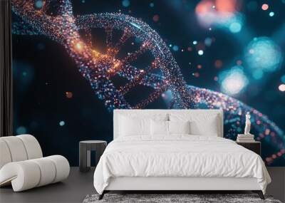 An abstract animated structure of a DNA molecule composed of particles, illustrating the digital representation of the human genome. Wall mural