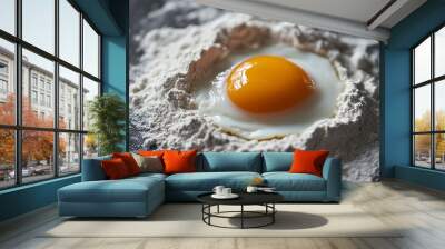 Baking ingredients featuring a broken egg in a bed of flour.  Wall mural