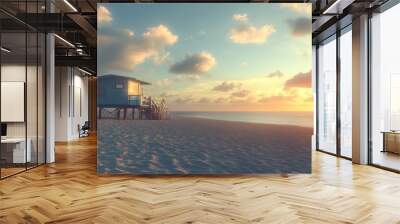 Beach scene in Miami, Florida, featuring the sea, sky, and ocean. Tropical summer setting with sand, palm trees, and a lifeguard tower. Wall mural