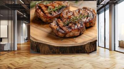 Chops arranged on a wooden serving platter, presenting a delicious and rustic meal with a focus on their savory, grilled texture. Wall mural