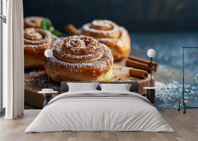 Delicious, fresh, crispy cinnamon buns sprinkled with coconut crumbs, arranged on a wooden cutting board against a dark concrete background Wall mural