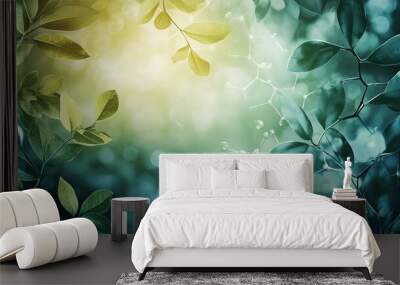 Here is the visual representation of a lush green plant background overlaid with biochemistry structures, blending nature with science seamlessly. Wall mural