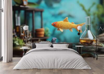 Miniature diorama scene featuring a golden carp figure against a backdrop of a new tea field, all floating in a flask within a science laboratory setting. Wall mural