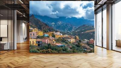 Panoramic view of the center of Vallehermoso in La Gomera, with the cloudy Cumbre de Chijere and Buenavista in the background Wall mural