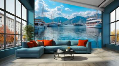 Pleasure yachts, excursion boats, and ships docked in the port of Marmaris, Turkey Wall mural