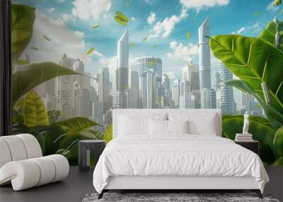 Product photo featuring a jungle clearing with a futuristic city skyline in the background Wall mural