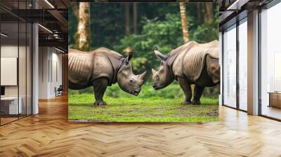 Rhinoceroses at the zoo in Pasuruan, Indonesia, specifically in Taman Safari 2 in Prigen. The one-horned rhinos roam freely in the forest, with visitors observing their natural habitat. Wall mural