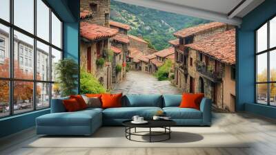 Rupit, a medieval city nestled in the mountains, is characterized by its red-tiled rooftops and historic charm. Wall mural