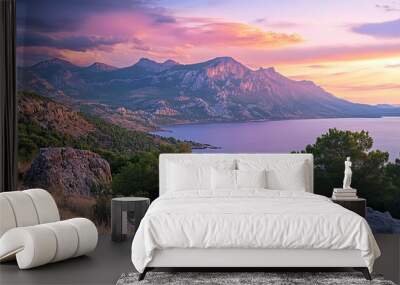 The Mediterranean Sea coast with the Taurus Mountains silhouetted at sunset. Wall mural