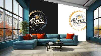 Craft Beer glass and malt Brewery label logo design vector in trendy modern cartoon line style illustration. Liquor logo for pub and bar club Wall mural