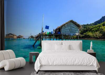 Beautiful landscapes view borneo sea gypsy water village in Bohey Dulang Island, Semporna Sabah, Malaysia. Wall mural