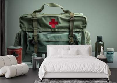 The significance of Defense Day through caps, badges, weapons, and military bags displayed on a white background. These treasures represent the honor,and dedication of those who protect the nation. Wall mural