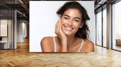 portrait of a beautiful woman touching her face natural skin happy over clear background Wall mural