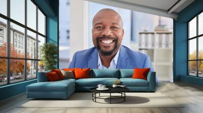 Happy black man, mature or portrait in corporate office, company about us or profile picture of CEO boss. Employee smile, management or person face in financial business or success mindset Wall mural