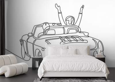 Single continuous line drawing happy couple riding car going on road trip. Romantic man and woman driving in cabriolet car. Couple summer vacation travel.. Dynamic one line draw graphic design vector Wall mural