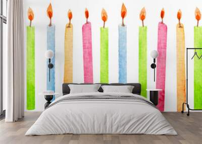 Watercolor seamless border with colorful festive burning candles on white background. For birthday products etc. Wall mural