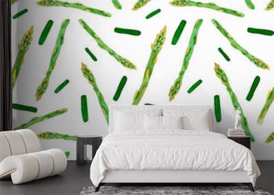 Watercolor seamless pattern with various green asparagus on a white background. For various food products, wrapping, etc Wall mural