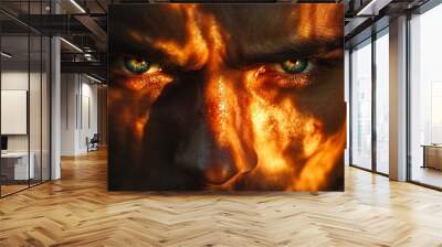 close up of eyes with mad and vengeful look, burning feelings, facial expression Wall mural