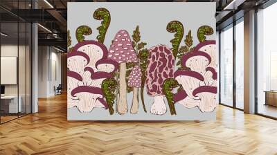 Seamless botanical border. Decorative mushrooms and branches in cartoon style on a gray background Wall mural