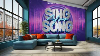 Sing music competition neon glow 3d editable vector text effect. Retro vintage music text style Wall mural