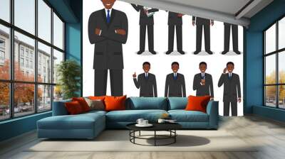 Business concept. Detailed illustration of african american businessman standing in different positions in flat style isolated on white background. Vector illustration. Wall mural