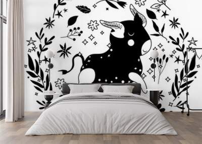 Black and white Taurus. Cute Zodiac in a colorful wreath of leaves, flowers and stars around. Cute Taurus perfect for posters, logo, cards. Astrological Taurus zodiac. Vector illustration. Wall mural