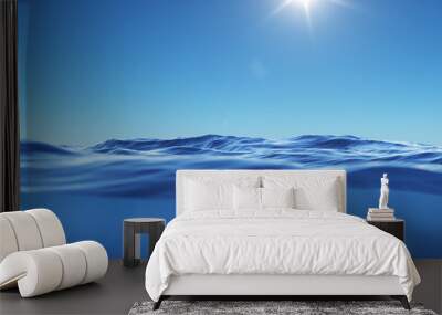 Ocean or sea in half water half sky. Rays of sunlight shining from above penetrate deep clear blue water. Realistic dark blue ocean surface. View - half of the sky, half water. 3D rendering Wall mural