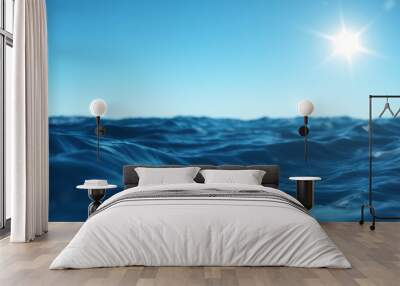 Sea wave low angle view. Ocean water background. View from below, view of a clear blue sky with the sun. Sea or ocean wave close-up view. Beautiful blue clean water. 3D rendering Wall mural