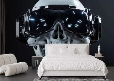 3D illustration of scary cyberpunk skull wearing futuristic virtual reality glasses. AI generated Wall mural