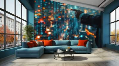 A businessman touch hologram graphic display on blurred cityscape background. AI generated image Wall mural