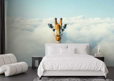 Animal photography, portrait funny giraffe over blue sky with white clouds. AI generated Wall mural