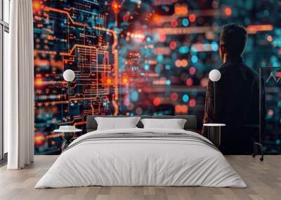 Businessman looking analytic digital circuit graphic technology. AI generated image Wall mural