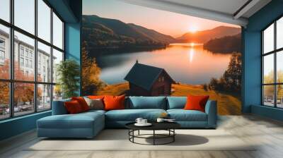 Cabin by the Lake at Sunset Wall mural