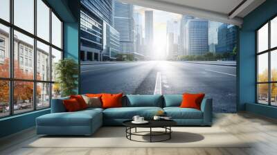 Close up clean empty road on modern office of city building buildings. AI generated image Wall mural